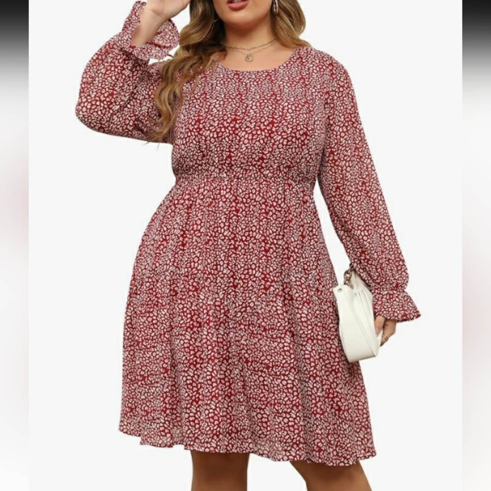 Nemidor Red and White Tiered Midi Sundress with Bishop Sleeves 24